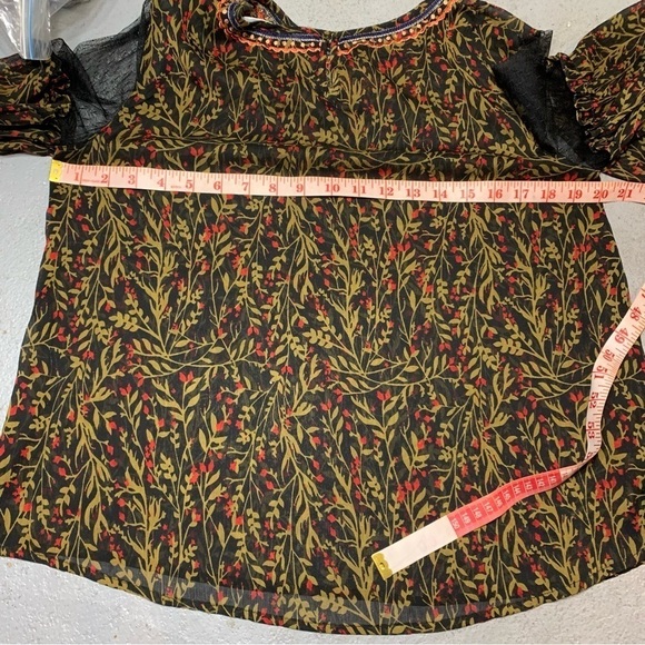 Zara Sheer Embroidered Blouse Top Sz M Black Floral Balloon Sleeve Feminine Boho - Picture 10 of 13